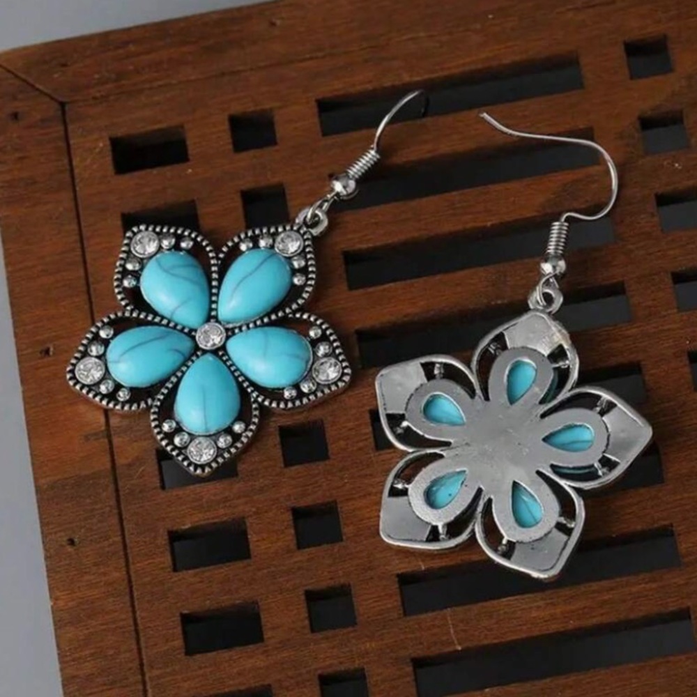 Silver Turquoise w/Mini Crystals Flower Drop Earrings - Picture 3 of 5